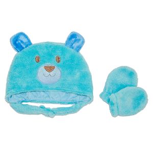 Kit Gorro e Luvas de Microfibra Urso Azul Baby Joy