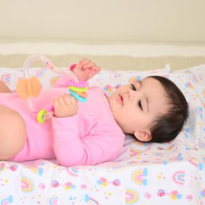 Manta Flanelada Bordada Arco Íris Rosa Bublim Petit